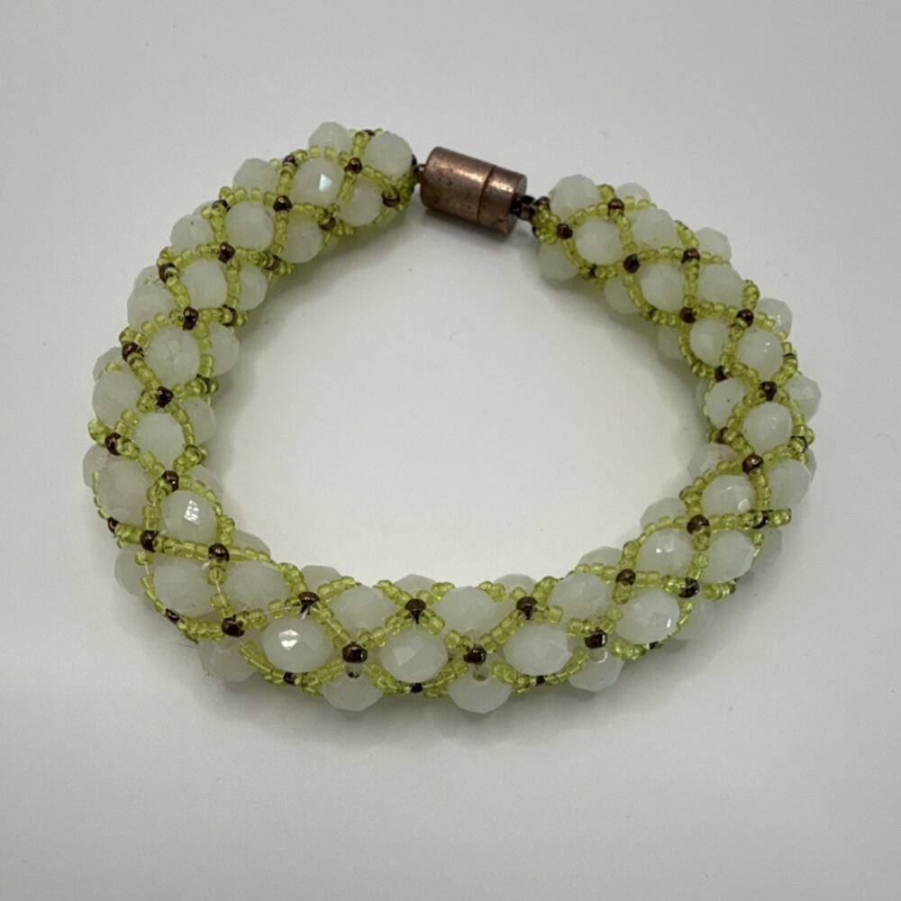 Vintage Beaded Glass Bracelet White Milk Glass Light Green Beads Magnetic Clasp